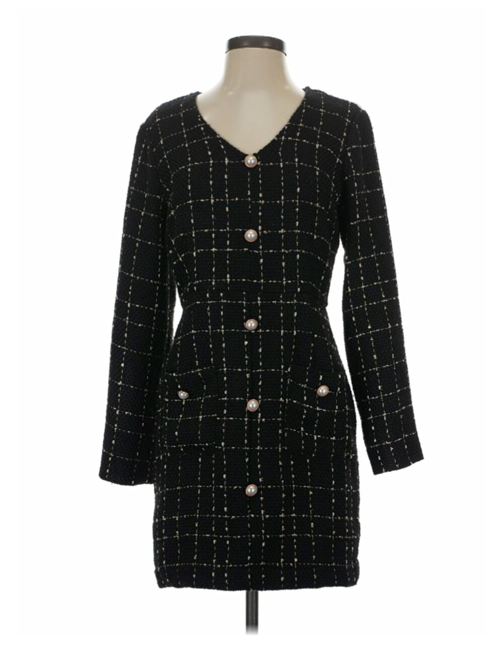 ZOE AND CLAIRE Black Tweed Pearl Button Long Sleeve Mini Dress Size M